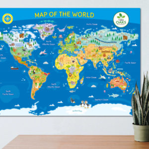 Customisable world map sign with title and compass for schools