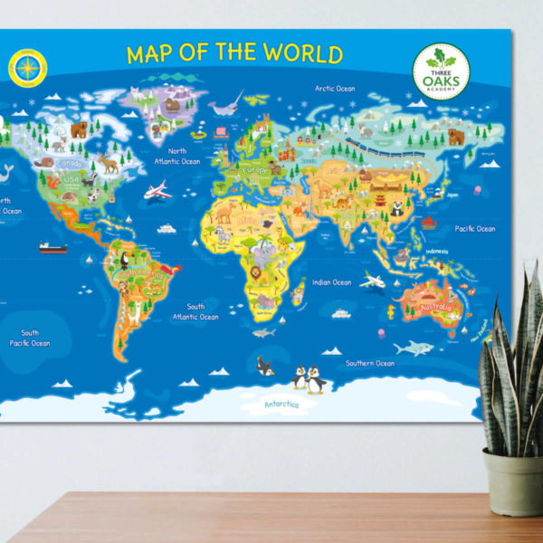 Customisable world map sign with title and compass for schools