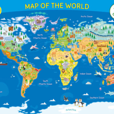 Customisable world map sign with title and compass for schools