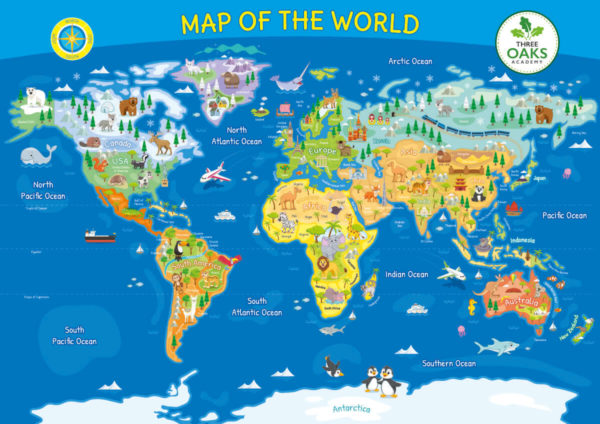 Customisable world map sign with title and compass for schools