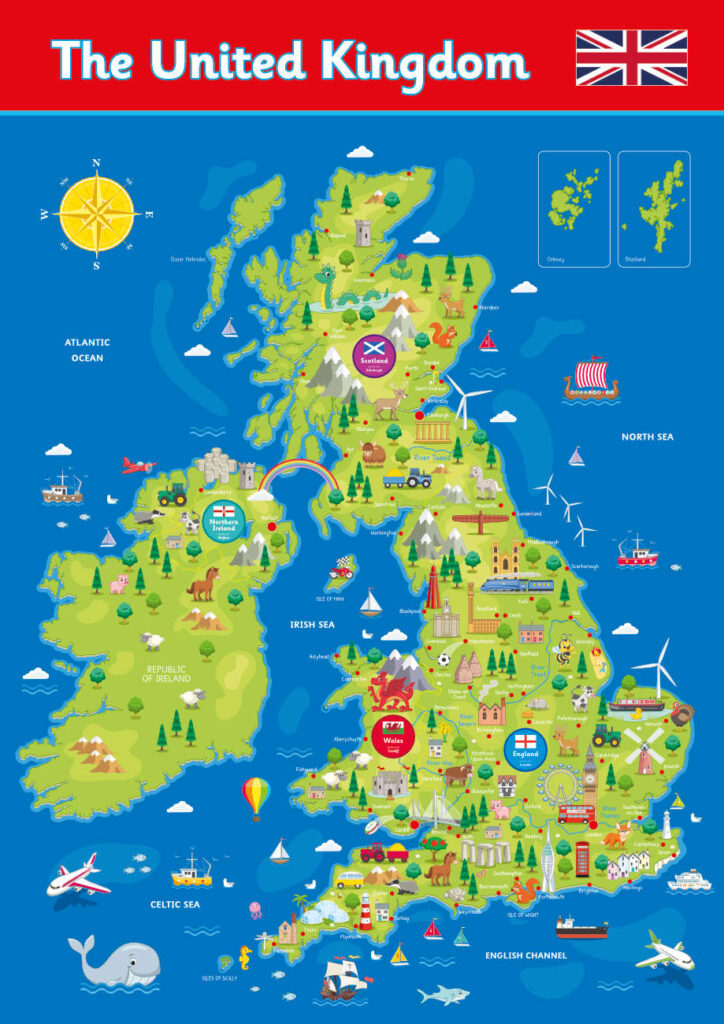 Uk map with landmarks geography sign for schools