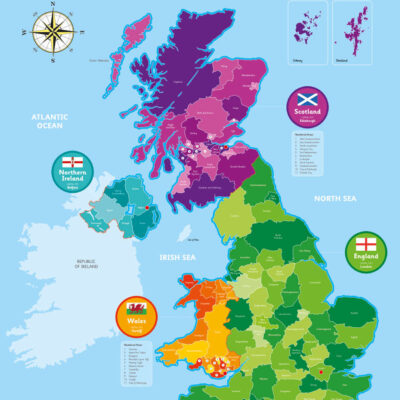 UK Counties Map Colour Coded by Country from the School Sign Shop