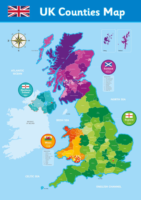 UK Counties Map Colour Coded by Country from the School Sign Shop