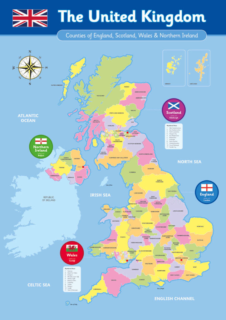 UK Counties Map Formal Geography Sign for Schools Free P&P