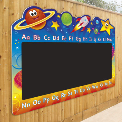 Colourful space themed illustrations. Including planets with friendly faces. English alphabet A to Z, top and bottom of black chalkboard that is within the central area of the sign.