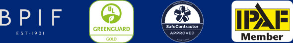 BPIF logo, Greenguard Gold Inks Logo, SafeContractor Approved Logo, IPAF Member Logo