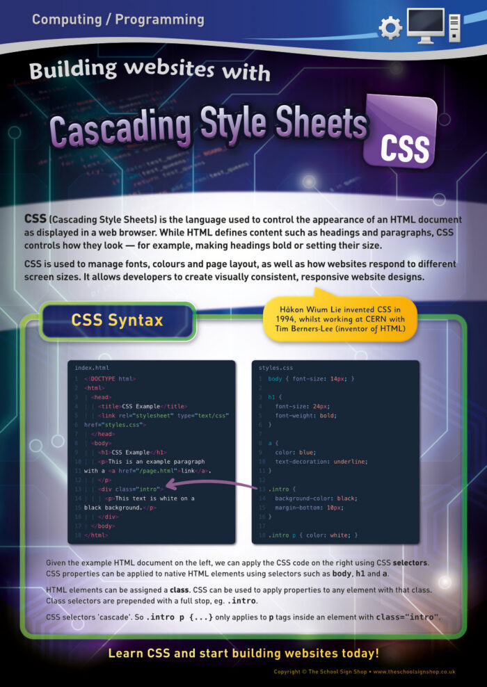 Building Websites with CSS Sign - IT sign for Secondary Schools